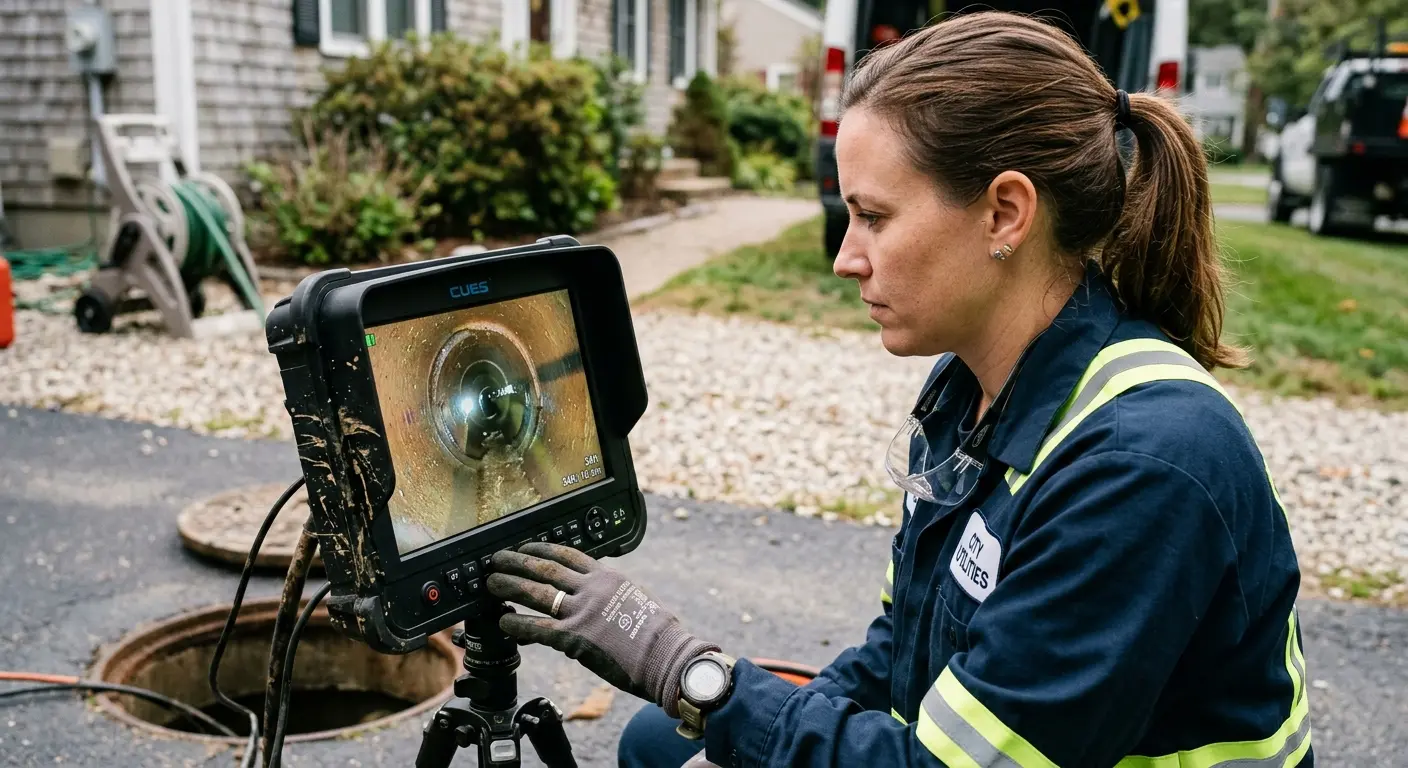 Technician reviewing sewer camera inspection footage in Harrodsburg