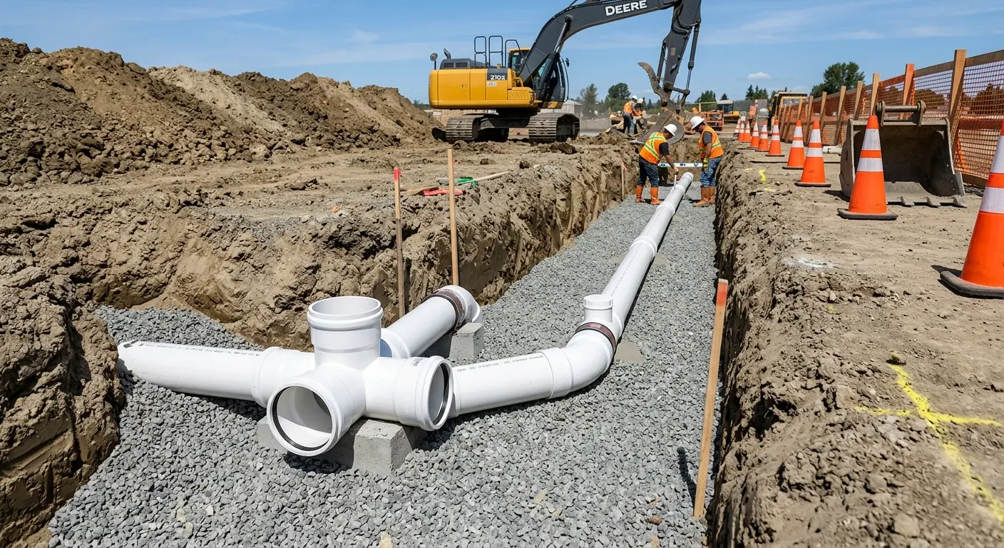 New PVC sewer pipe installation in open trench for Sewer Backup in Harrodsburg