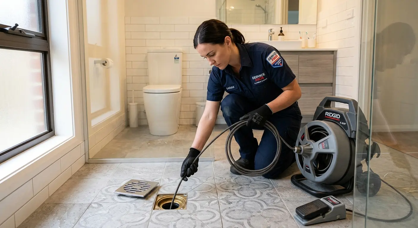 Technician clearing a bathroom floor drain for Drain Cleaning in Harrodsburg